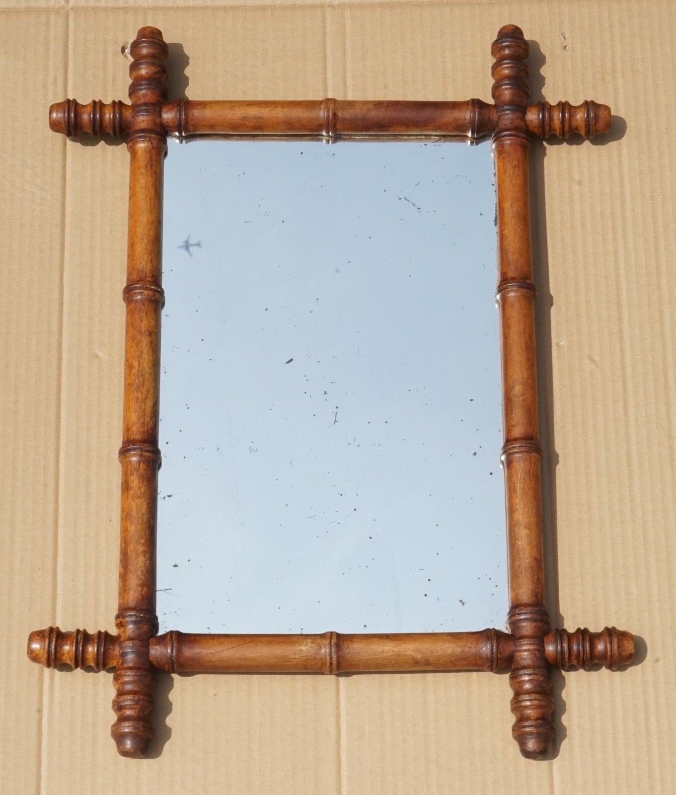 ANTIQUE ENGLISH DECORATIVE FAUX BAMBOO WALL MiRROR WITH LIGHT FOXING GLASS