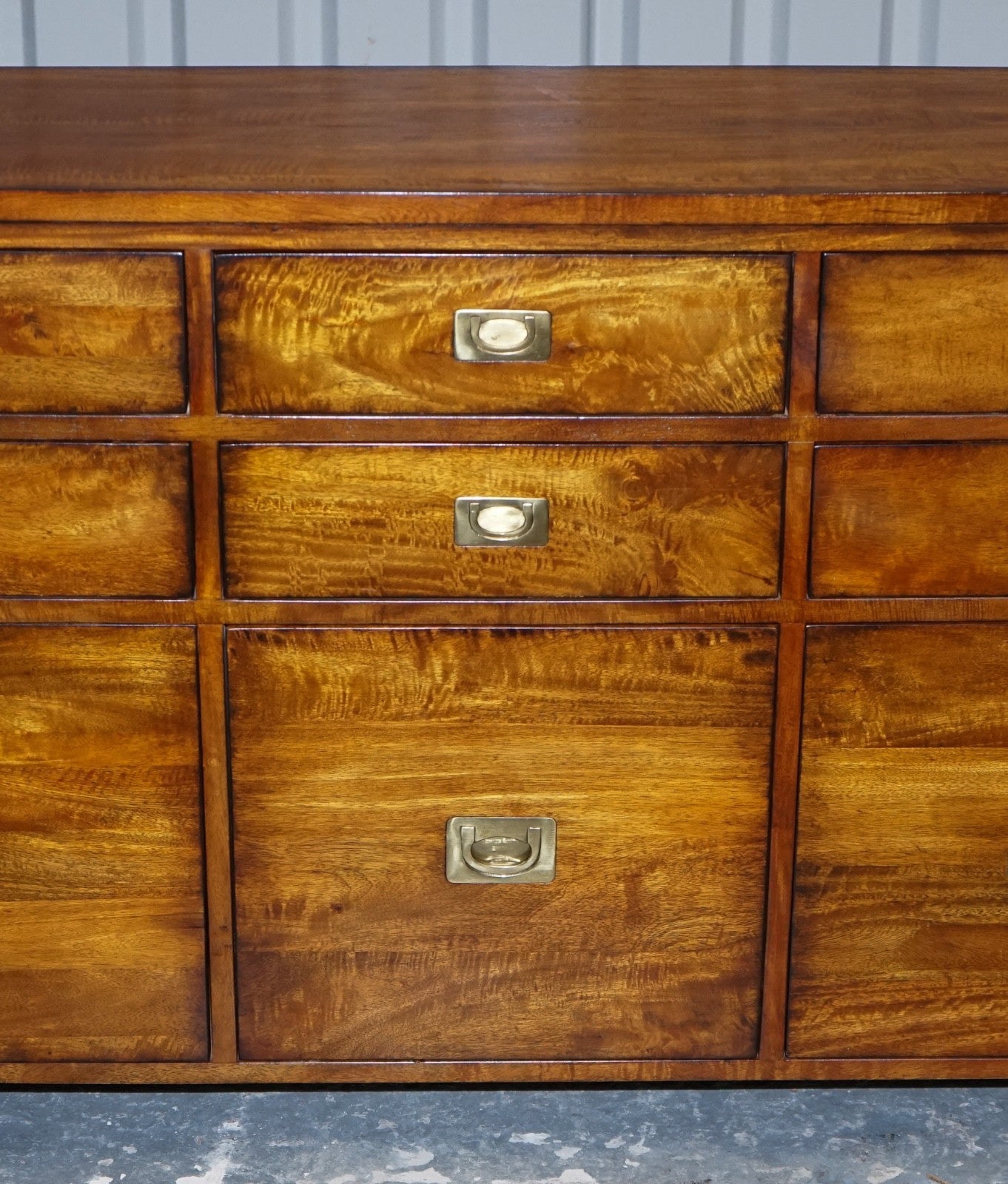 VINTAGE HARDWOOD & BRASS MILITARY CAMPAIGN STYLE BANK OF DRAWERS SIDEBOARD