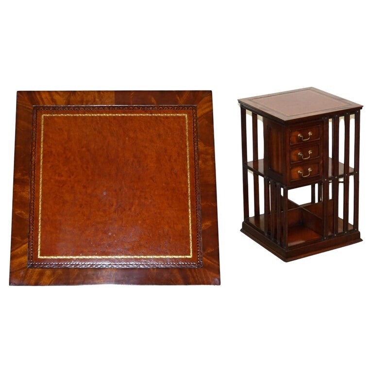 STUNNING REVIVAL INLAID REVOLVING BOOKCASE END TABLE WITH BROWN AGED LEATHER TOP