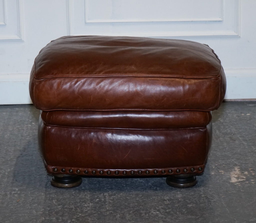 LOVELY VINTAGE BROWN LEATHER FOOTSTOOL FEATHER FILLED BRASS STUDS DETAIL