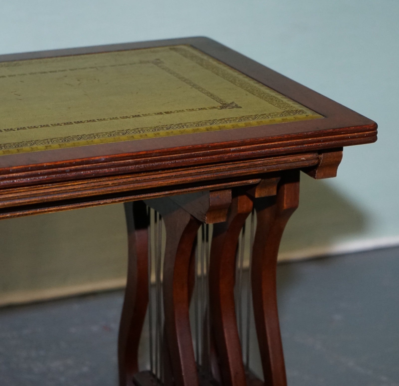 VINTAGE LYRE BASE GREEN LEATHER TOP NEST OF TABLES SIDE TABLES