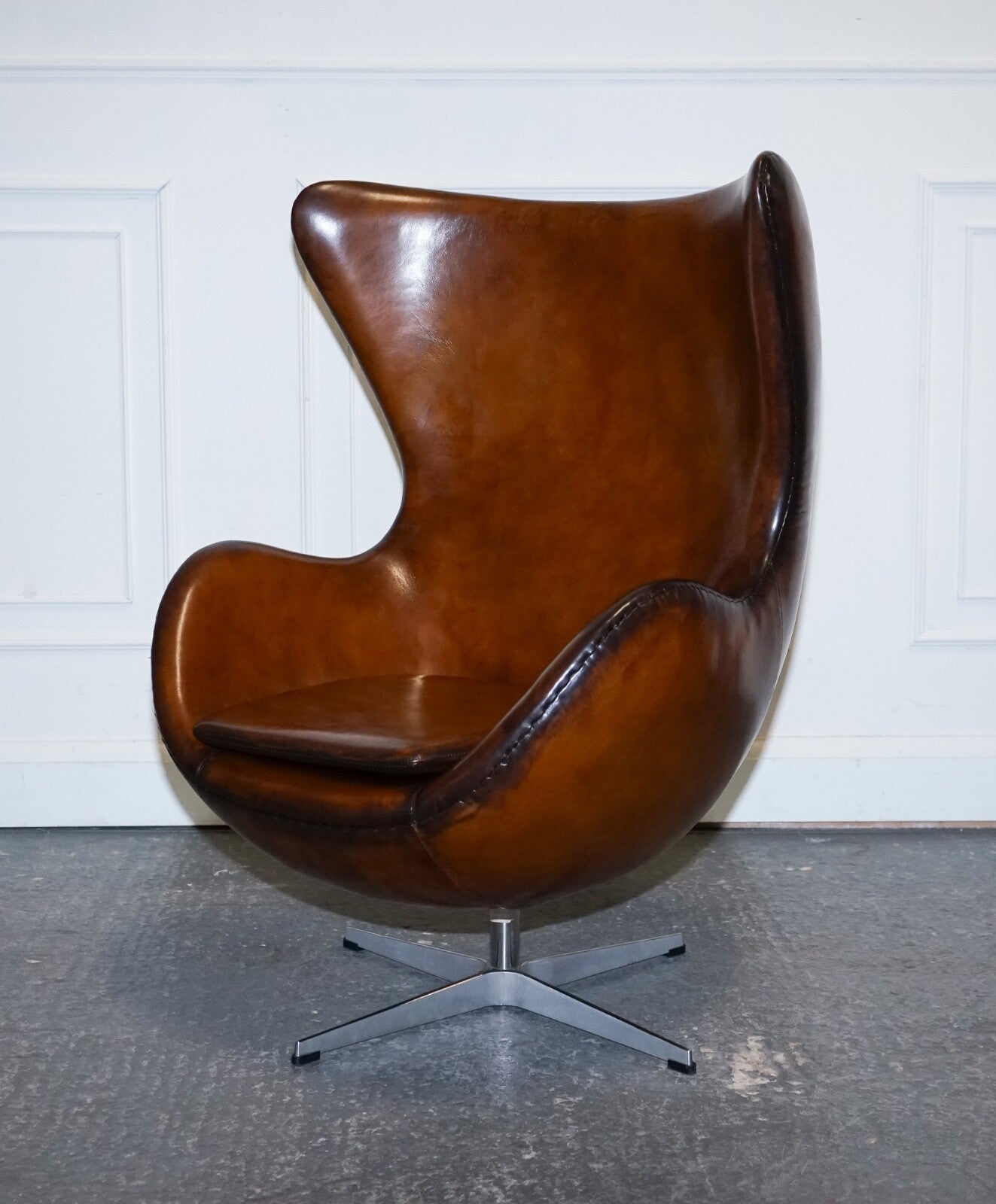 FRITZ HANSEN STYLE VINTAGE HAND DYED WHISKEY BROWN EGG CHAIR