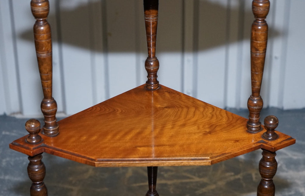 VICTORIAN ENGLISH INLAID BURR WALNUT CORNER WHATNOT STAND
