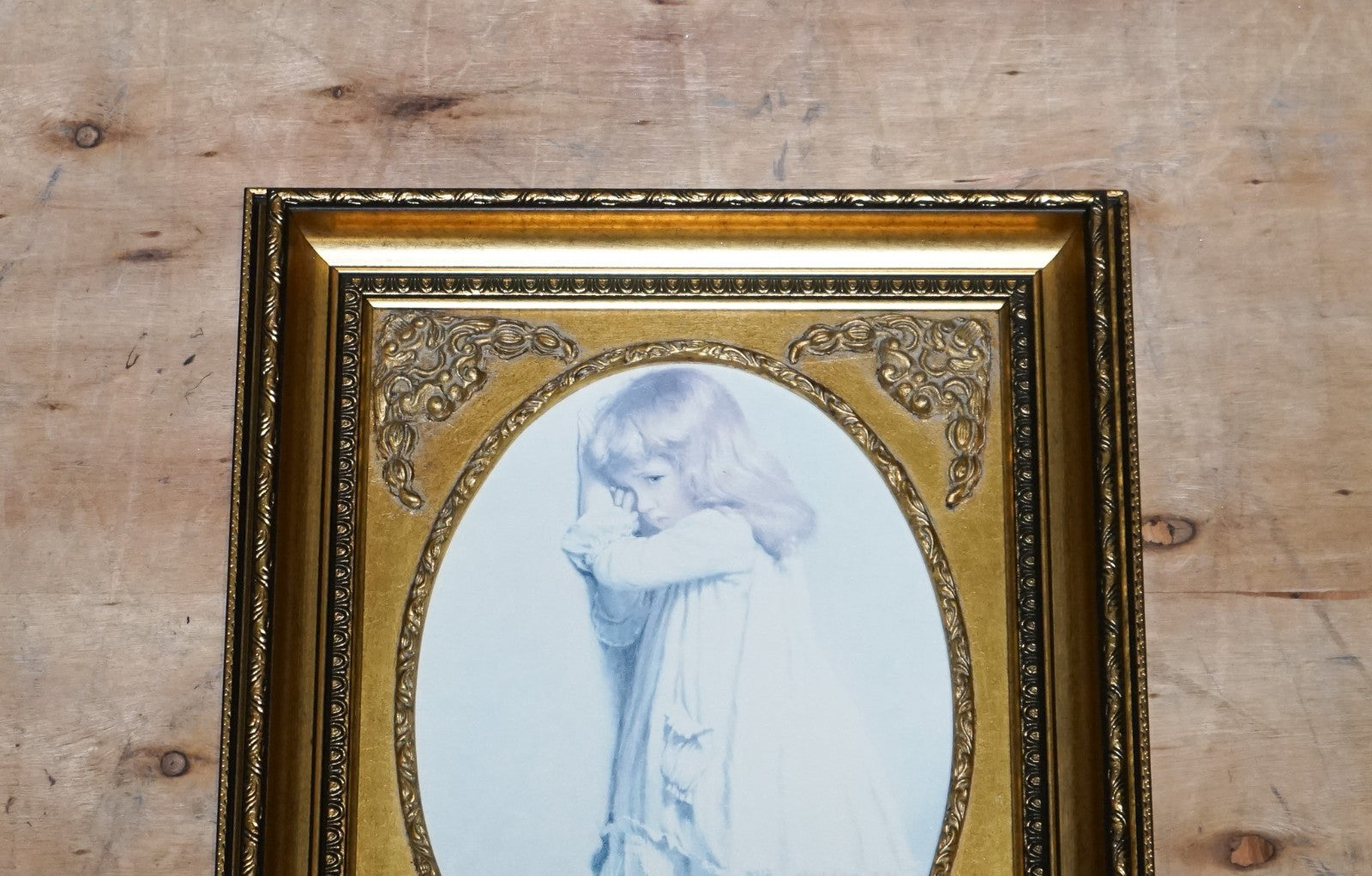 VINTAGE PRINT GILTED FRAME LITTLE GIRL AND DOG POSING 52 X 42 CM