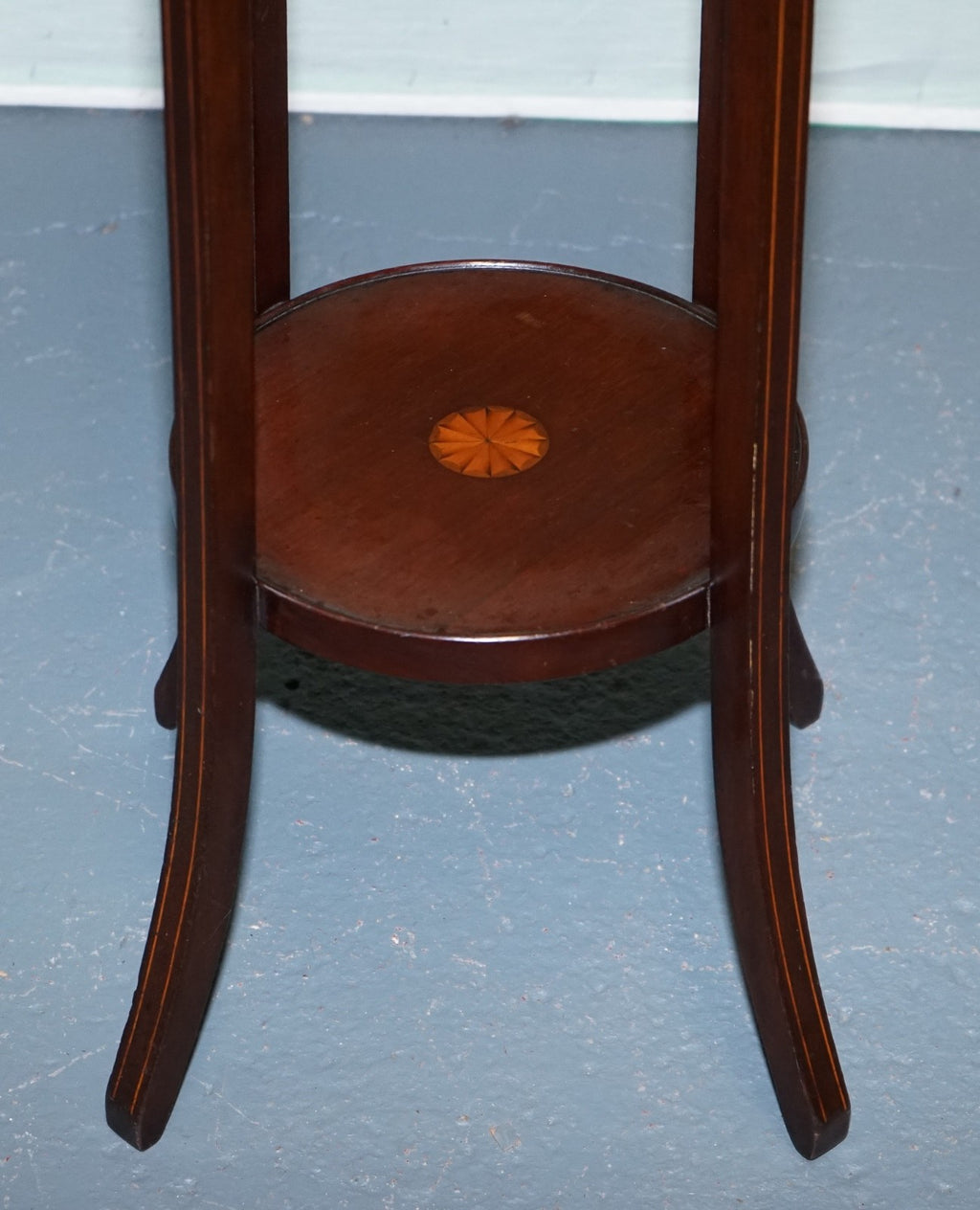 ANTIQUE HARDWOOD TWO TIER PLANT STAND WITH STARBURST MARQUETRY INLAY