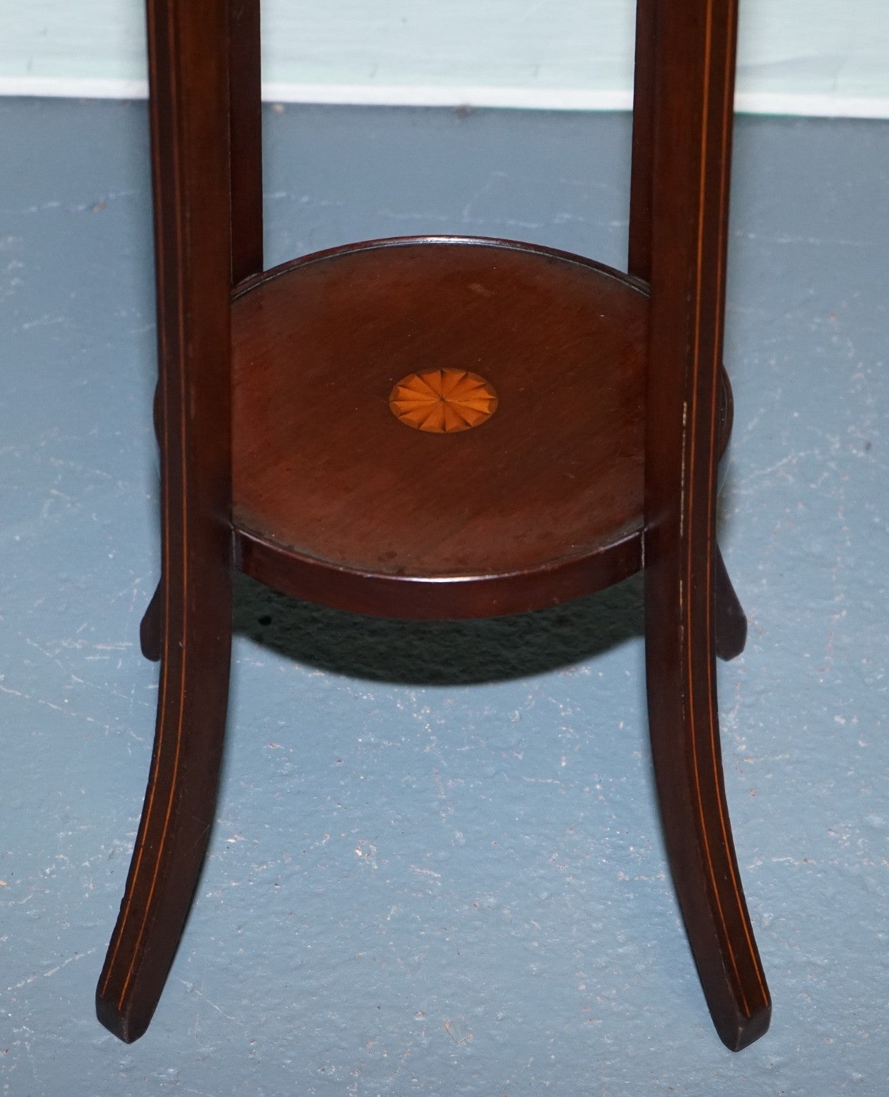 ANTIQUE HARDWOOD TWO TIER PLANT STAND WITH STARBURST MARQUETRY INLAY