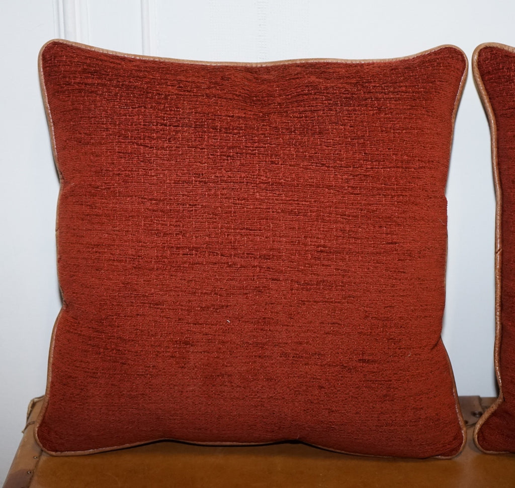 VINTAGE PAIR OF FEATHER FILLED CHESTNUT BROWN LEATHER & FABRIC SCATTER CUSHIONS