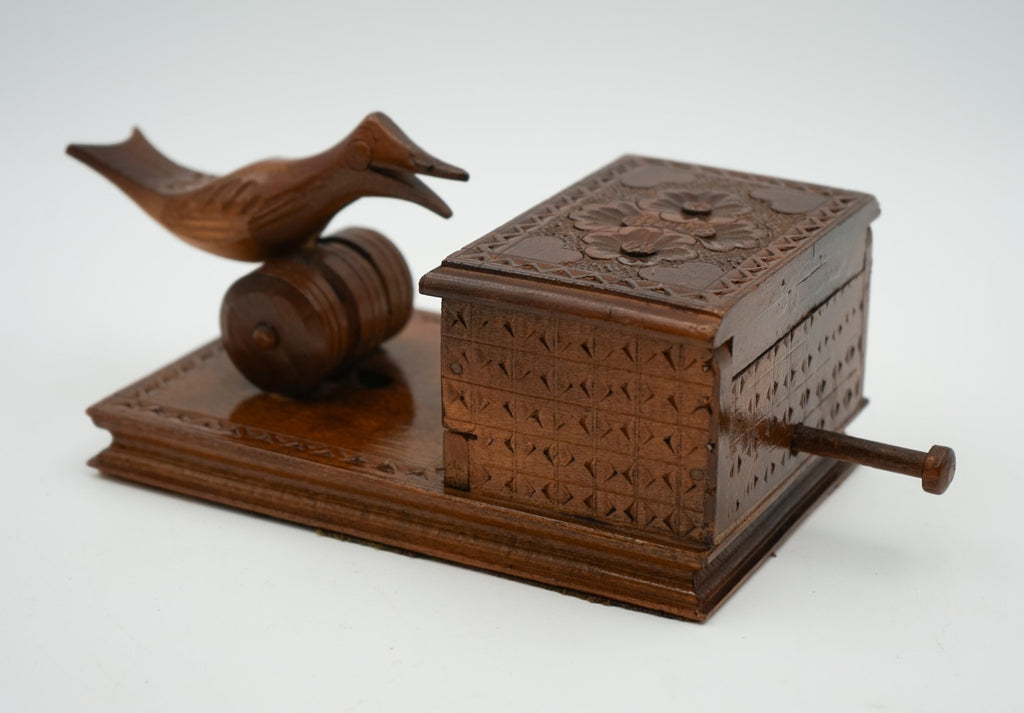 CIRCA 1950'S BIRDIE CIGARETTE DISPENSER CARVED WOOD BOX