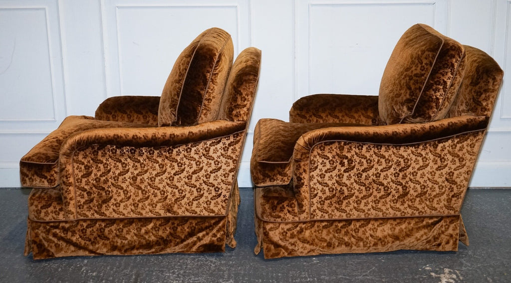 VINTAGE PAIR CUSTOM MADE BROWN GOLD VELVET CONNAUGHT ARMCHAIRS BY DUDGEON LONDON