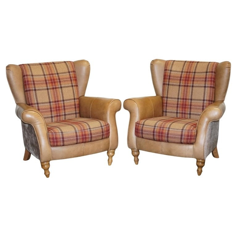 STUNNING PAIR OF  ALEXANDER & JAMES LAWRENCE LEATHER & FABRIC WINGBACK ARMCHAIRS