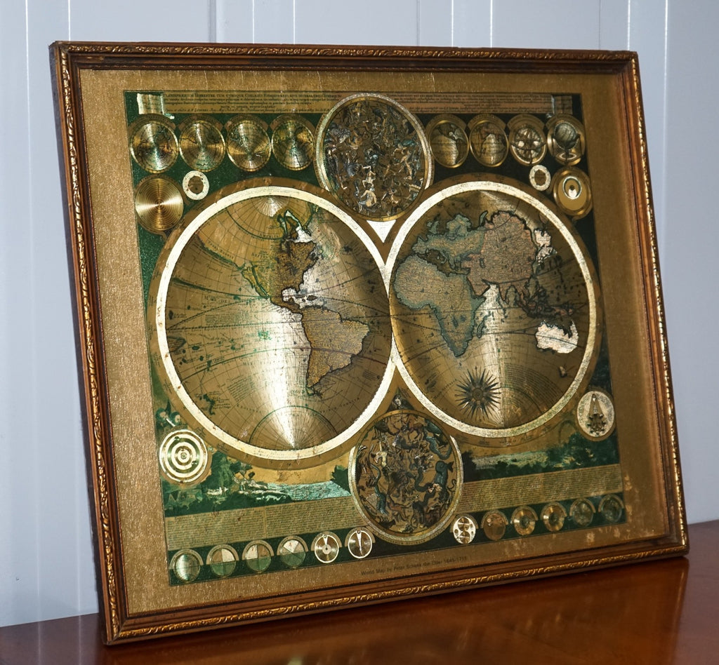 VINTAGE FRAMED PRINT PLANISPHAERIUM TERRESTRE GOLD FOIL MAP WORLD PETER SCHENK
