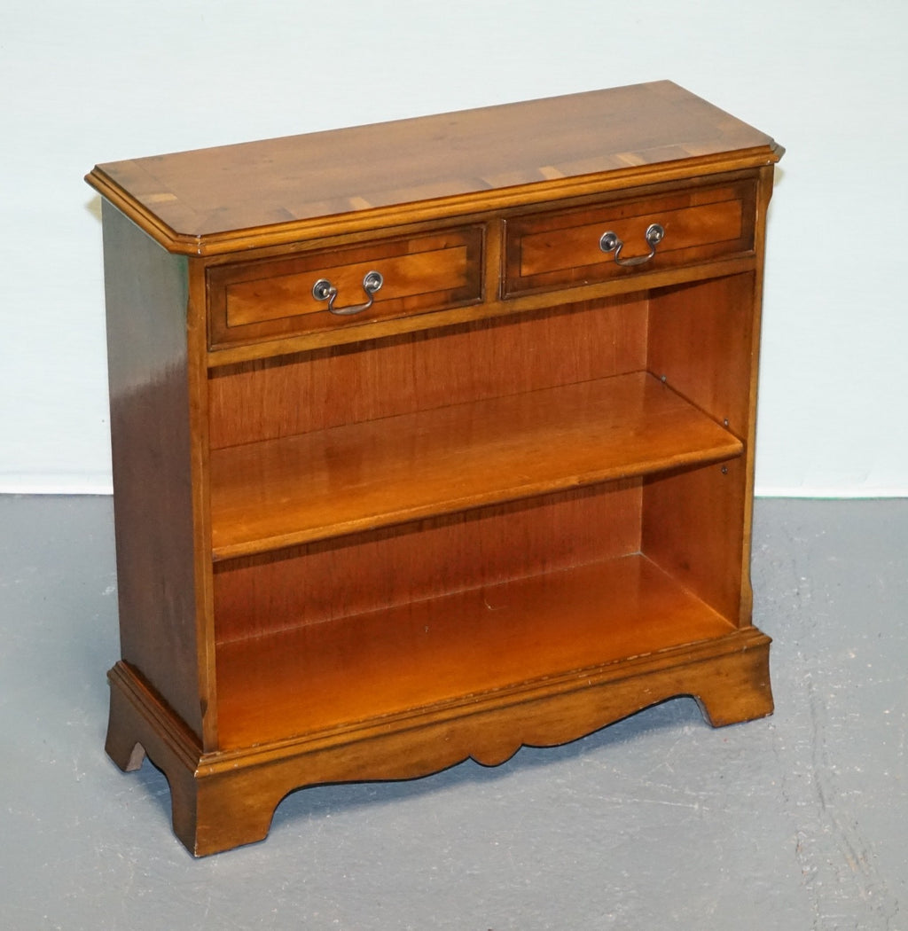 VINTAGE BURR YEW WOOD OPEN DWARF LIBRARY BOOKCASE WiTH TWO DRAWERS