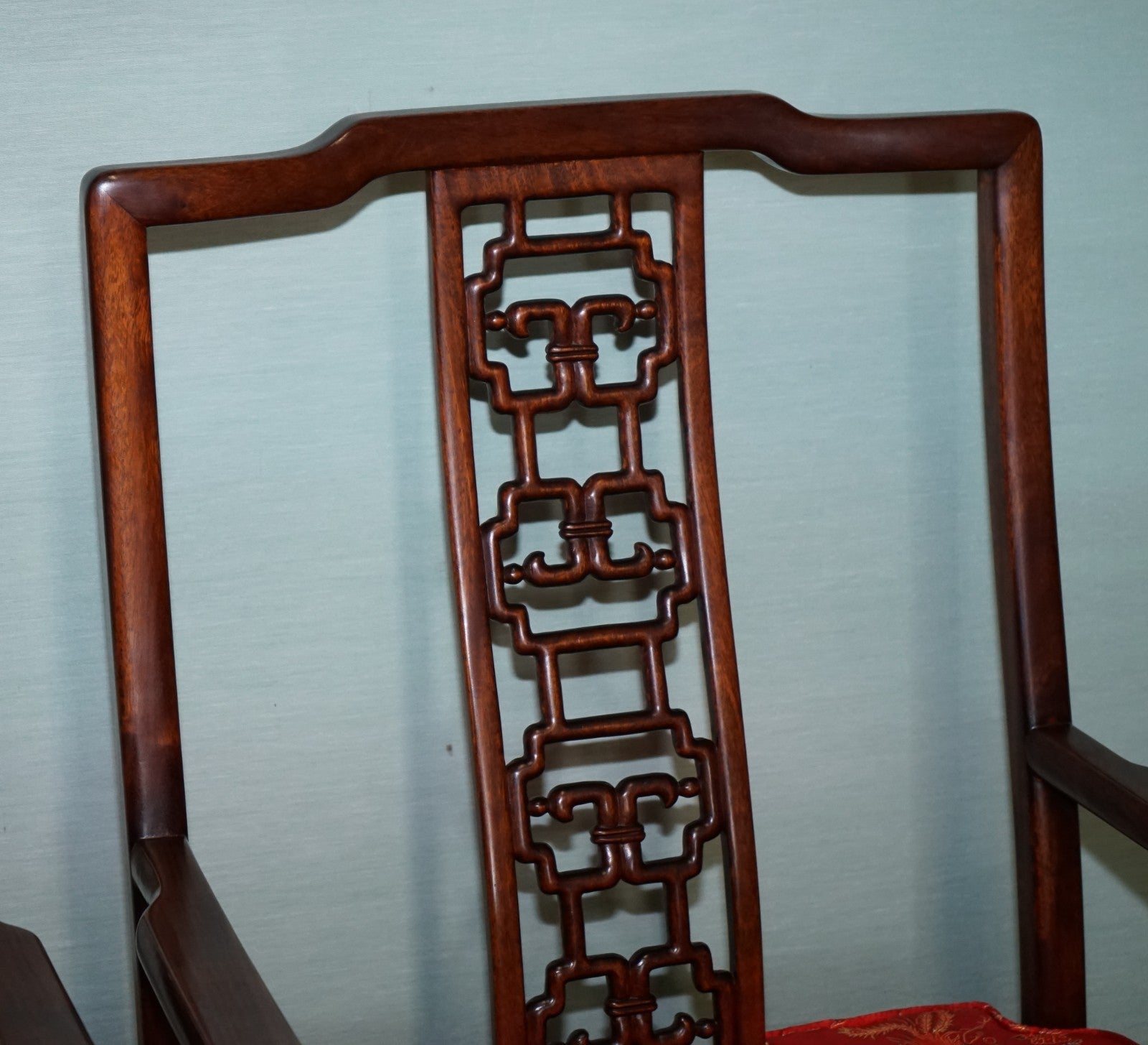PAIR VINTAGE ORIENTAL CHINESE HARD WOOD CARVER ARMCHAIRS WITH CUSHIONS