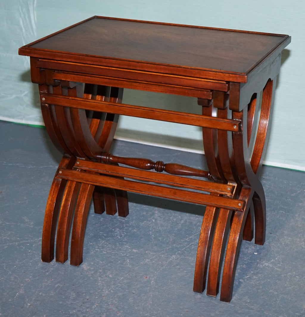 VINTAGE HARDWOOD NEST OF TABLES WITH LYRE FORM LEGS