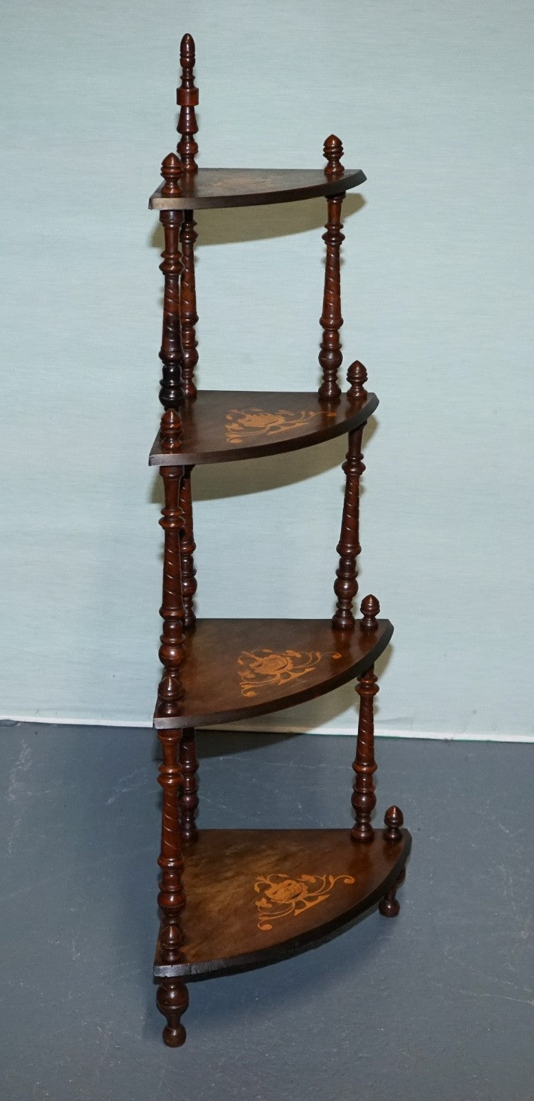 1920s VICTORIAN INLAID HARDWOOD CORNER ETAGERE 4 TIER DiSPLAY STAND