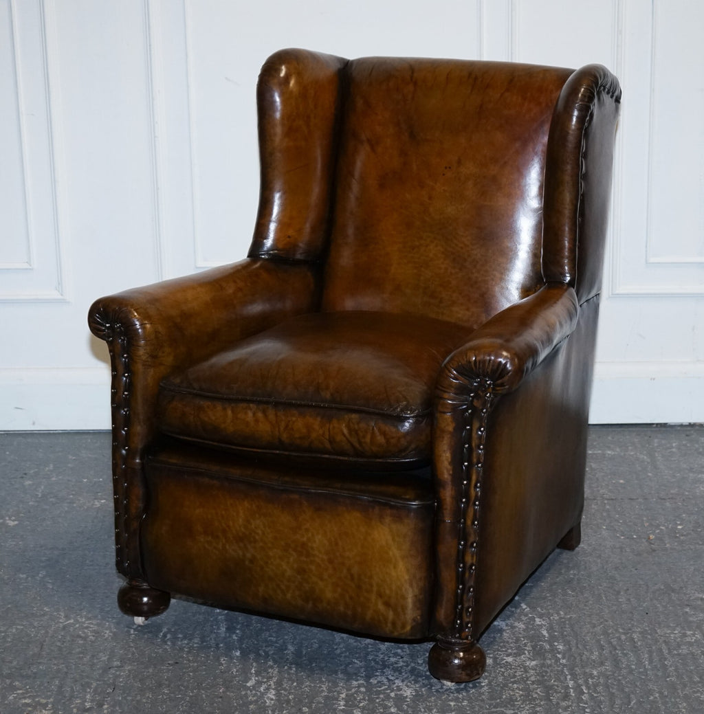 STUNNING EARLY VICTORIAN HAND DYED BROWN LEATHER READING LOUNGE ARMCHAIR