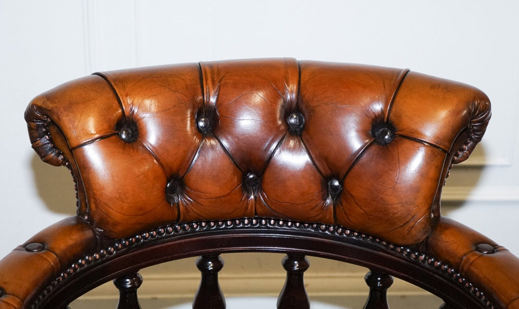 FULLY RESTORED CIGAR BROWN LEATHER CHESTERFIELD CAPTAINS OFFICE SWIVEL ARMCHAIR