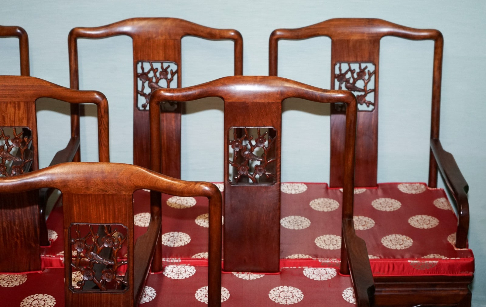 SET OF TEN VINTAGE ORIENTAL CHINESE HARDWOOD CARVER DINING ARMCHAIRS W/ CUSHIONS