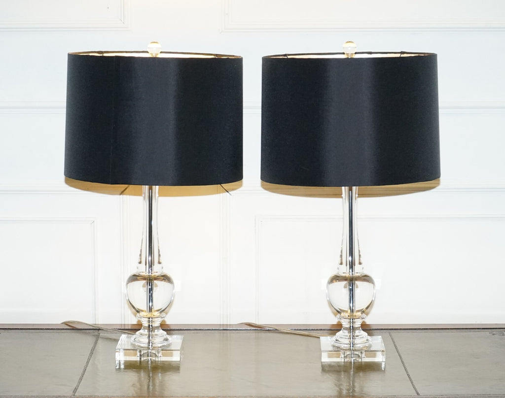 PAIR OF CLEAR GLASS TABLE LAMPS WITH BLACK SHADES