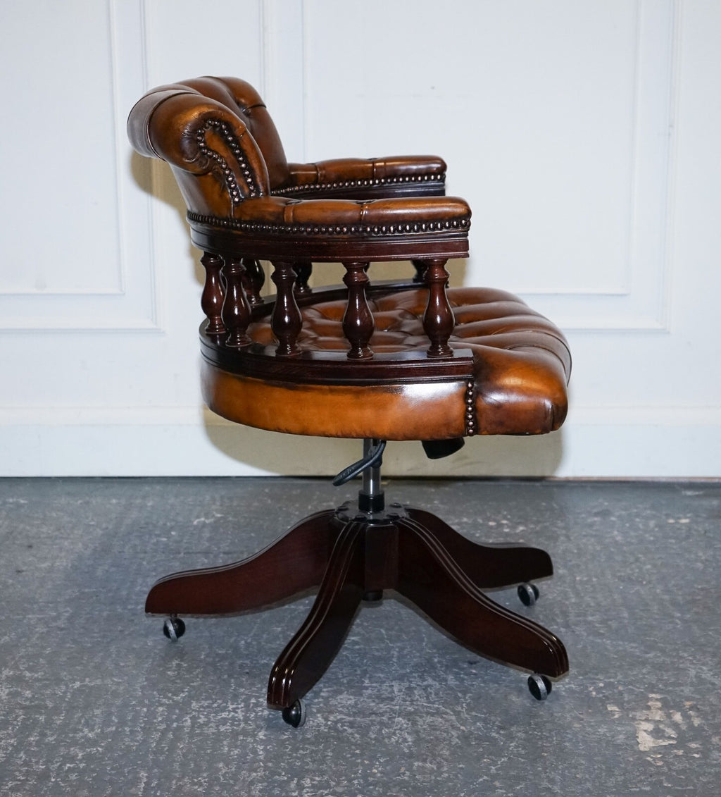 FULLY RESTORED CIGAR BROWN LEATHER CHESTERFIELD CAPTAINS OFFICE SWIVEL ARMCHAIR