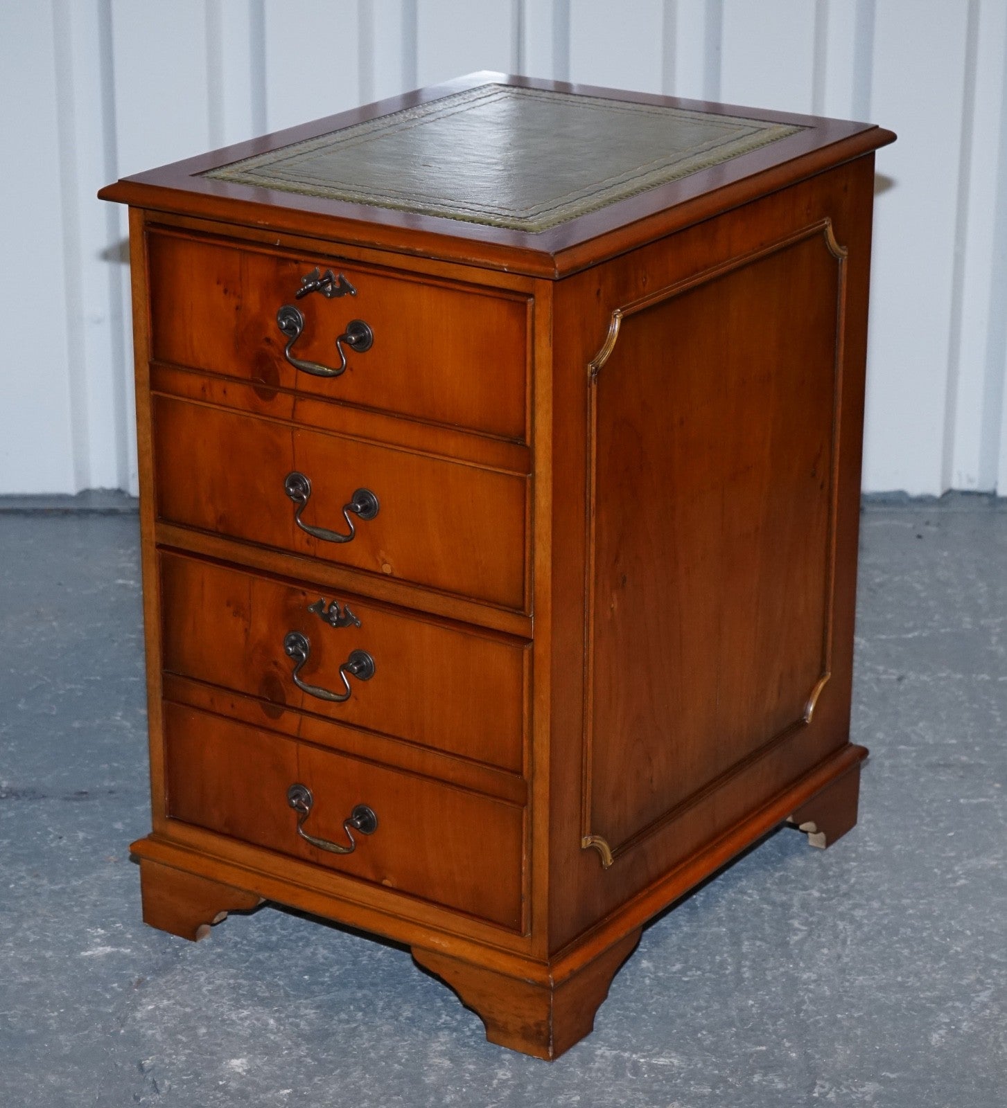VINTAGE YEW WOOD FILLING CABINET WITH GREEN LEATHER TOP AND TWO DRAWERS