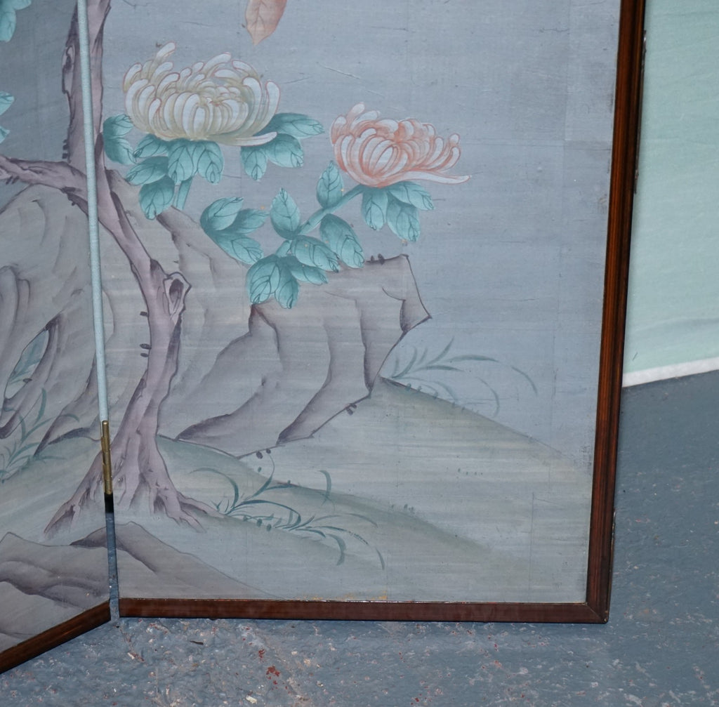 VINTAGE EXOTIC ORIENTAL BIRDS & FLOWERS FOLDING FOUR PANEL PETITE ROOM DIVIDER