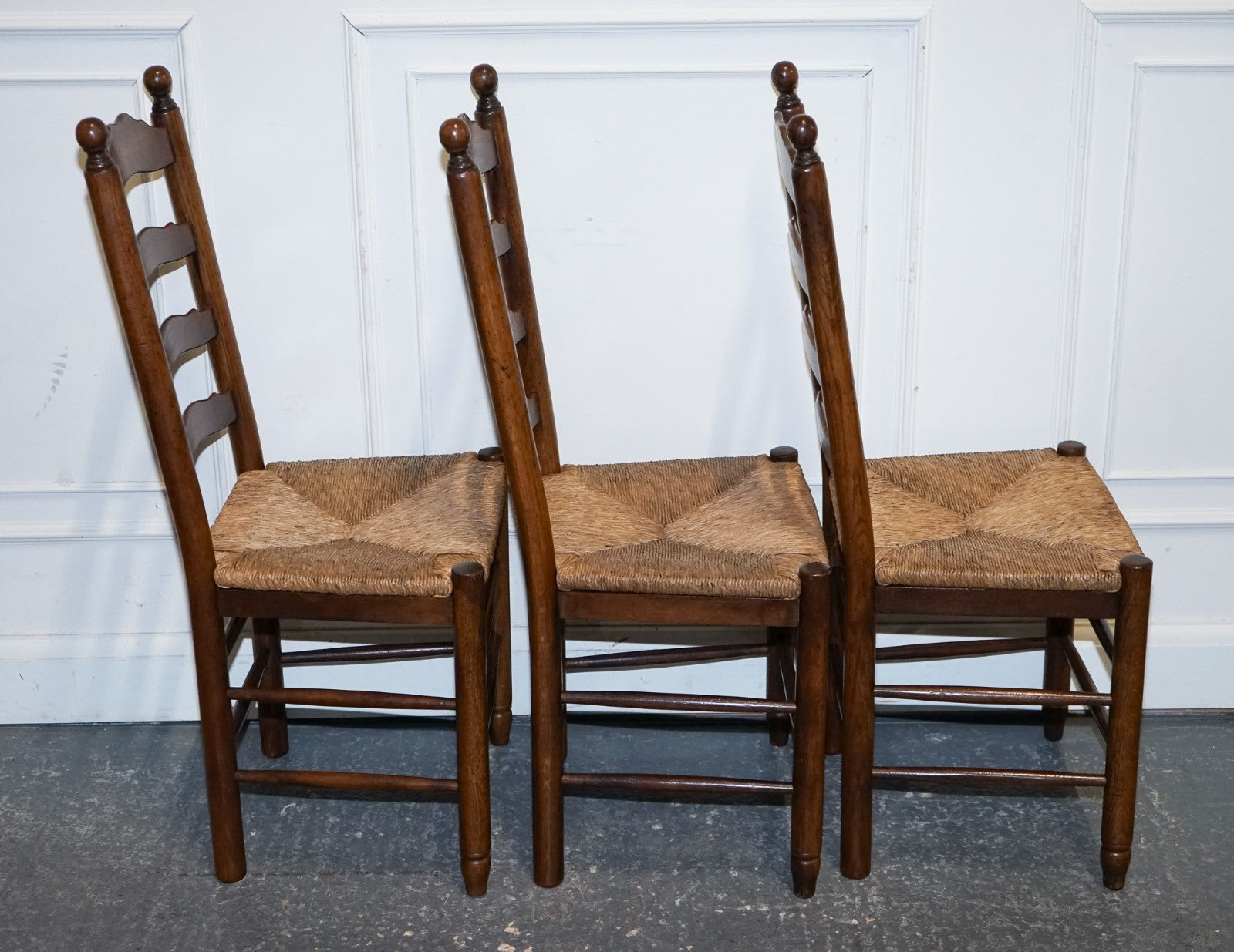 SET OF SIX ANTIQUE ENGLISH 19TH CENTURY LADDERBACK RUSH SEAT DINING CHAIRS