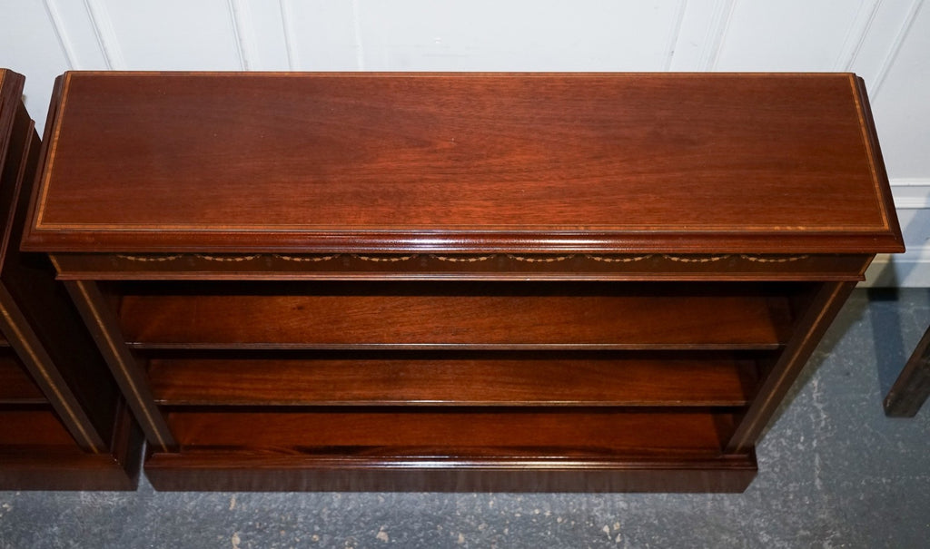 PAIR VINTAGE EDWARDIAN STYLE SHERATON DWARF OPEN BOOKCASE ADJUSTABLE SHELVES