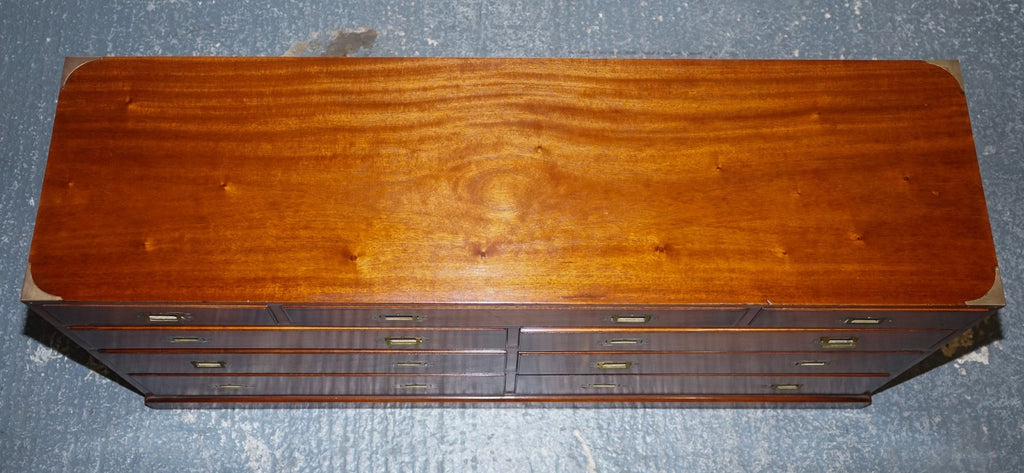 VINTAGE YEW WOOD MILITARY CAMPAIGN SIDEBOARD BANK OF DRAWERS WITH BRASS HANDLES