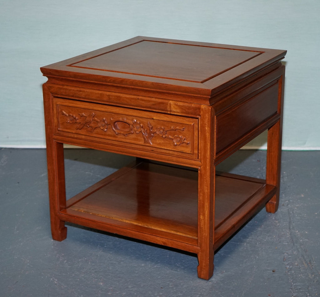 ORIENTAL CHINESE VINTAGE TEAK NIGHTSTAND BEDSIDE TABLE WITH DRAWER