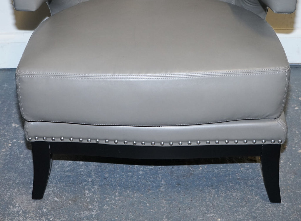 CONTEMPORARY COACH HOUSE GREY LEATHER ROUND BACK ARMCHAIRS WiTH STUDS