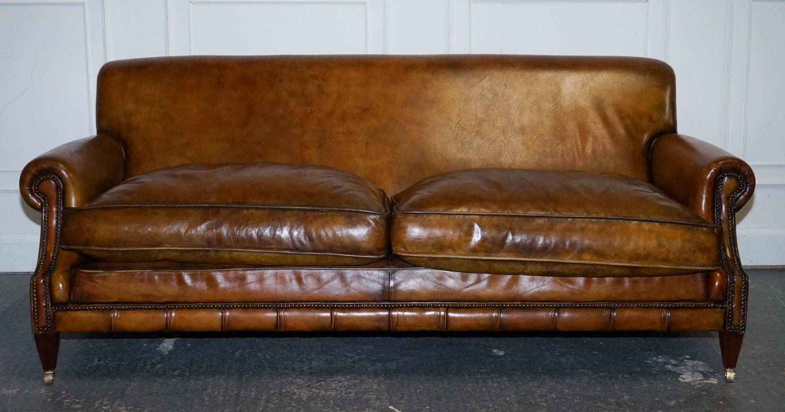 ENGLISH RESTORED HAND DYED LEATHER TWO TO THREE SEATER SOFA