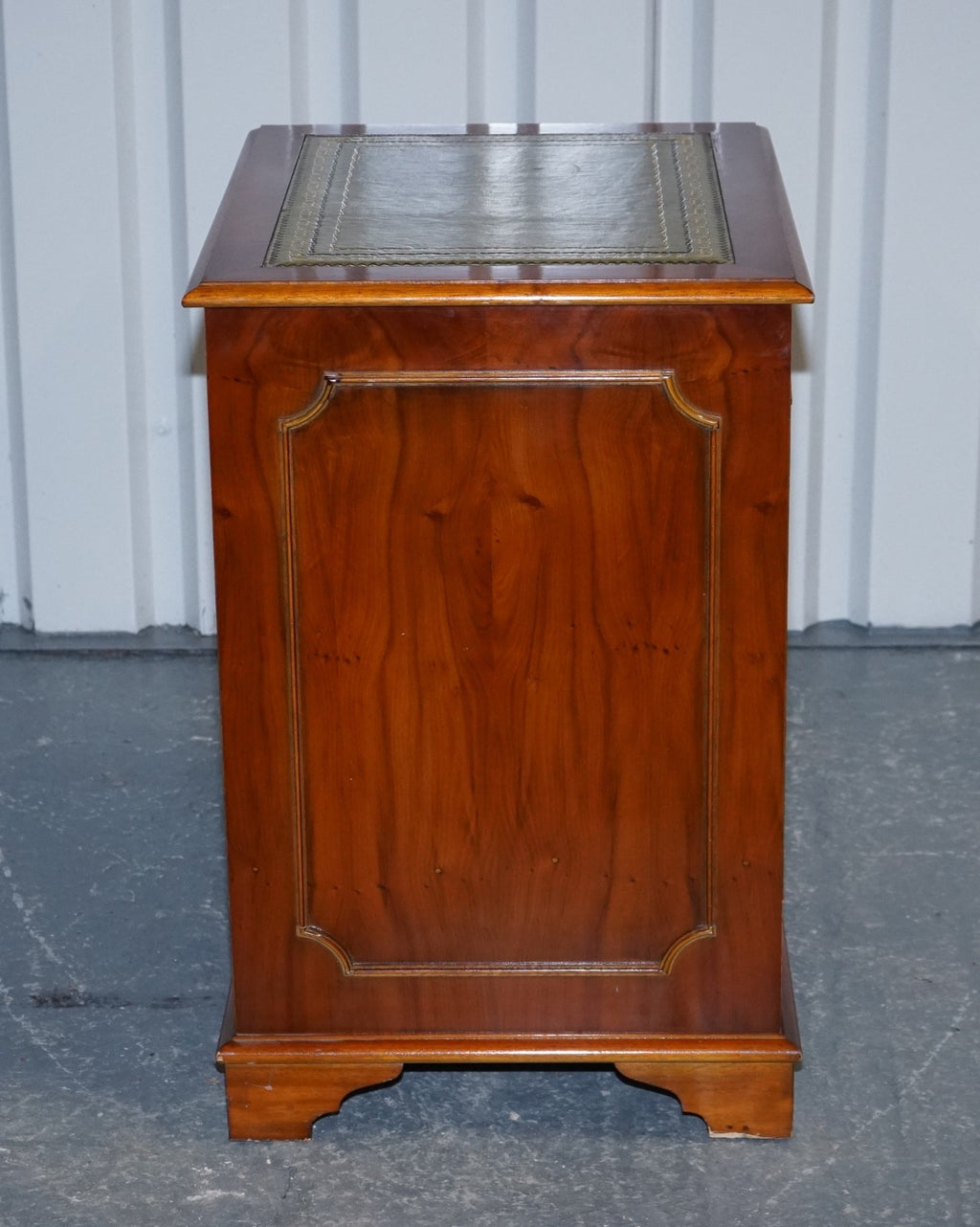 VINTAGE YEW WOOD FILLING CABINET WITH GREEN LEATHER TOP AND TWO DRAWERS