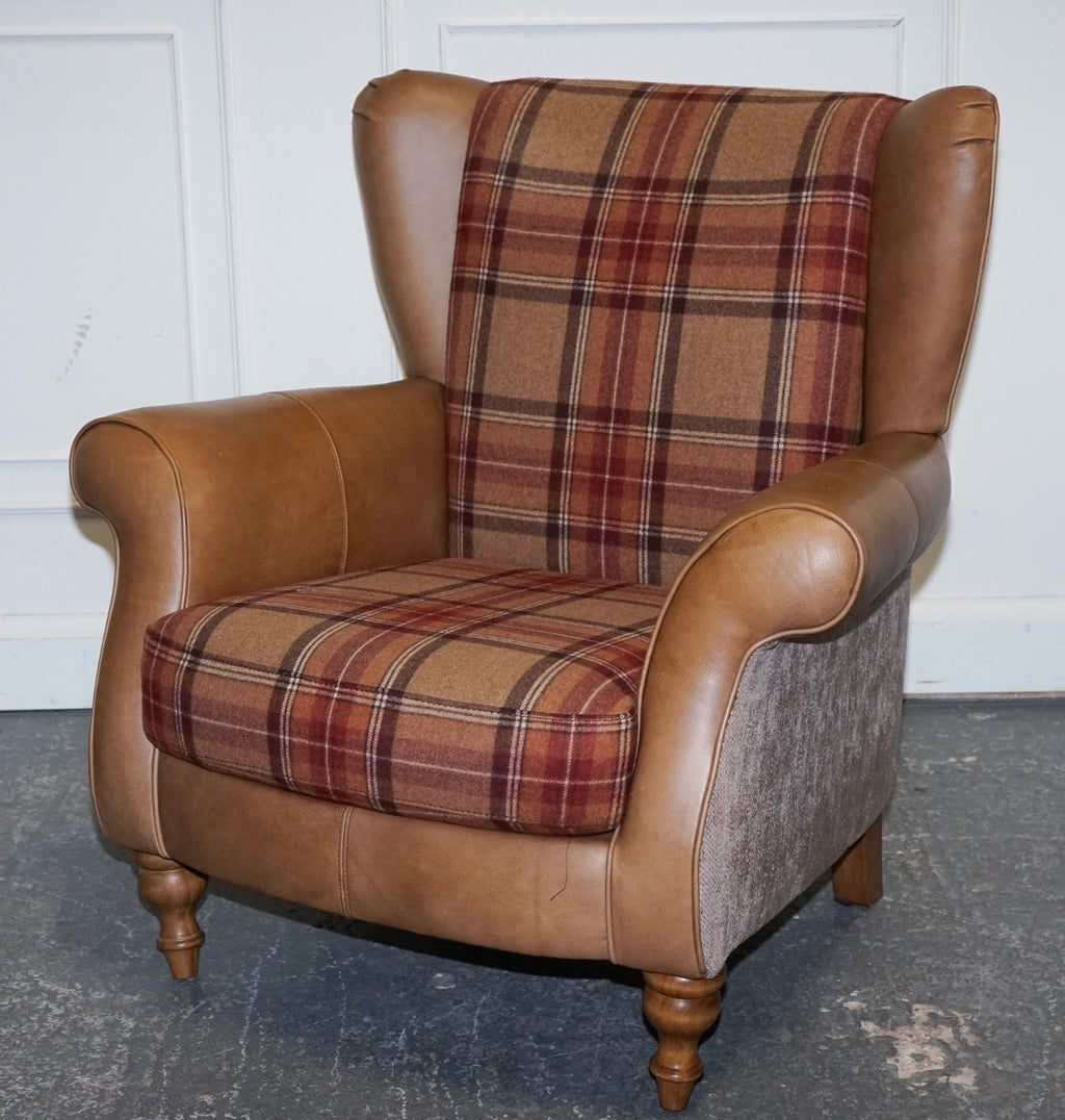 STUNNING PAIR OF  ALEXANDER & JAMES LAWRENCE LEATHER & FABRIC WINGBACK ARMCHAIRS