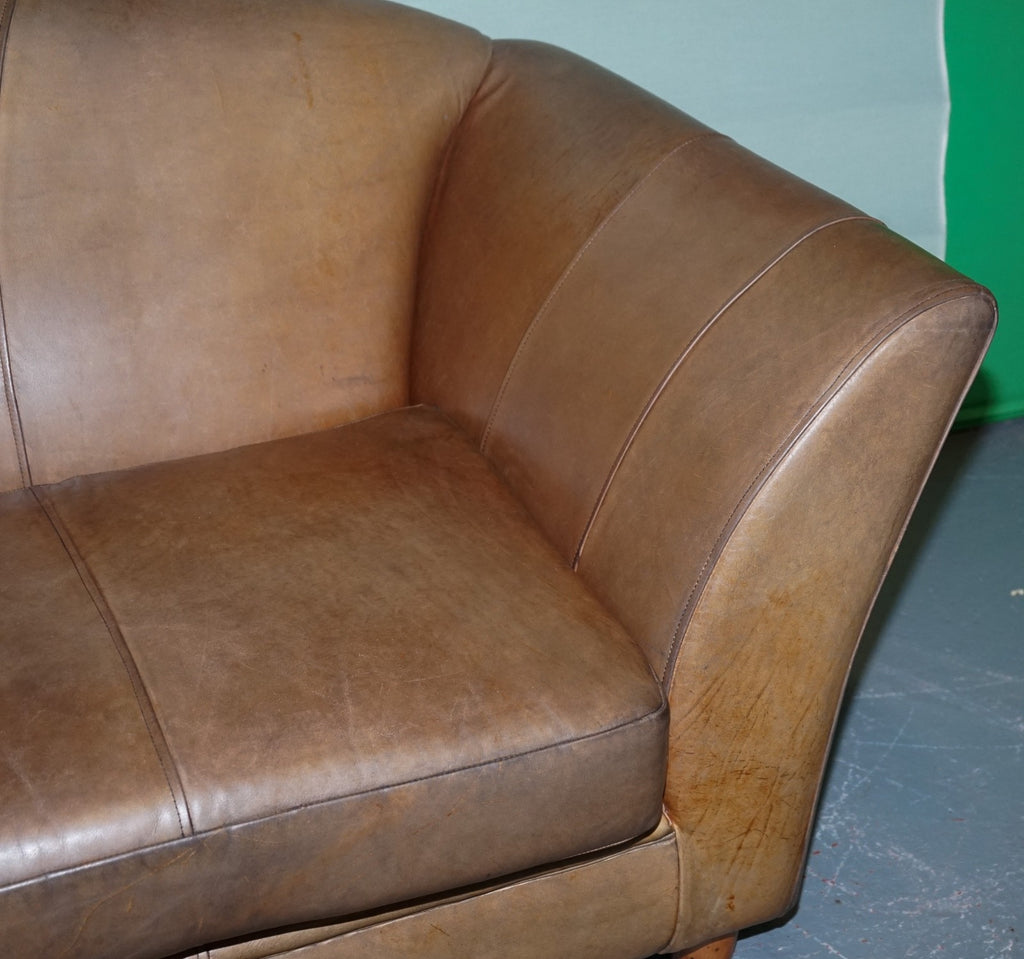 VINTAGE ART DECO STYLE BROWN LEATHER TWO SEATER SOFA