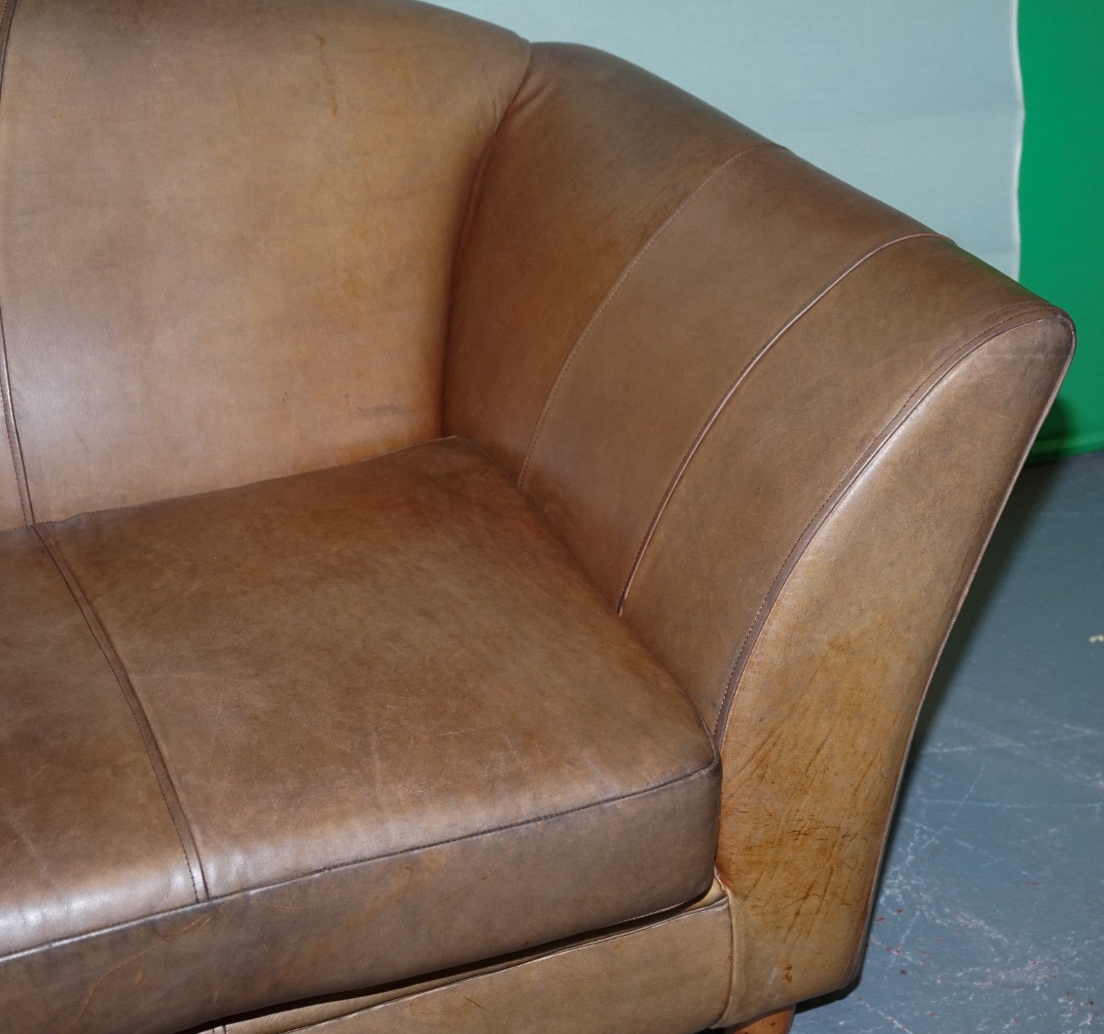 VINTAGE ART DECO STYLE BROWN LEATHER TWO SEATER SOFA
