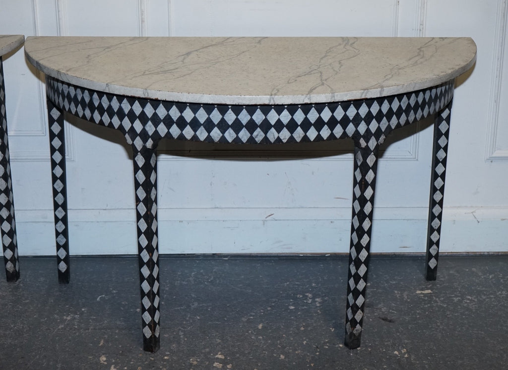 ENGLISH GEORGIAN HAND PAINTED PAIR OF DEMI LUNE SIDE CONSOLE TABLE MARBLE EFFECT