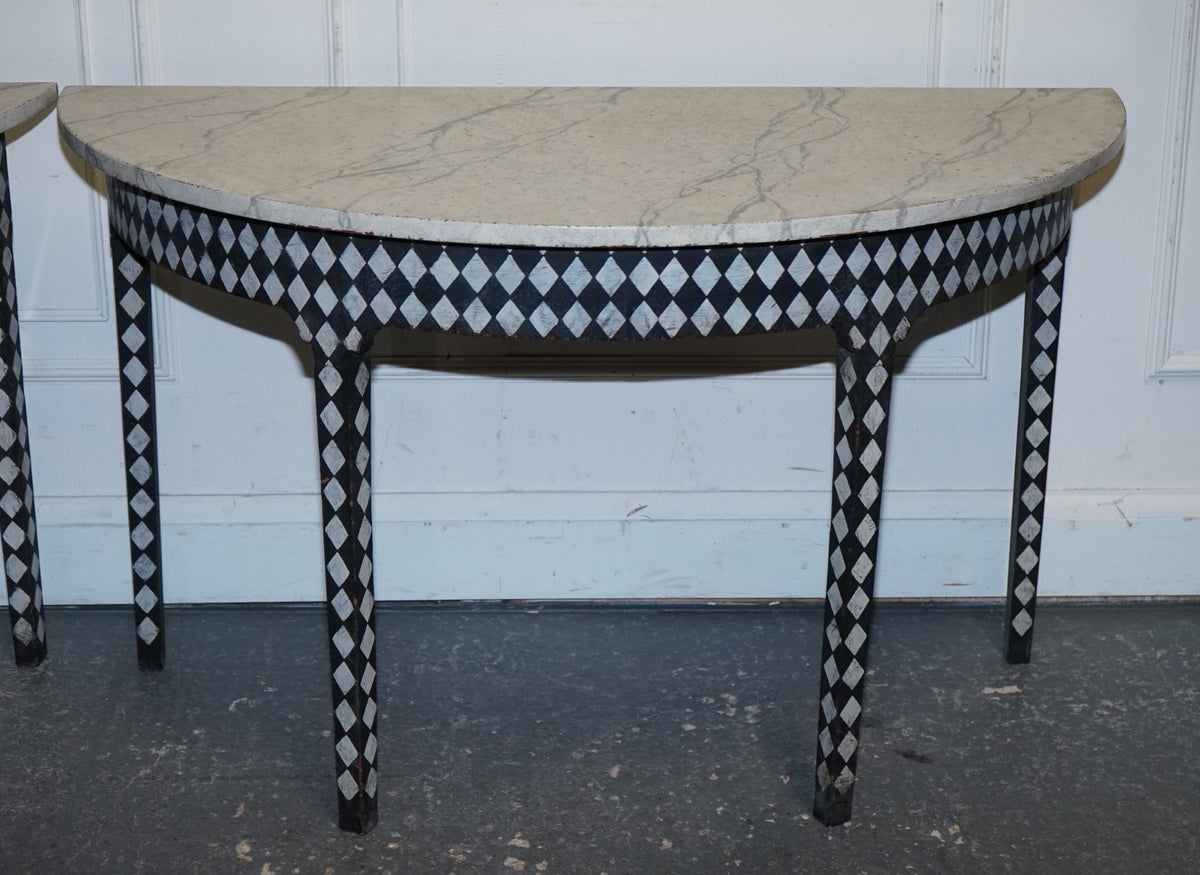 ENGLISH GEORGIAN HAND PAINTED PAIR OF DEMI LUNE SIDE CONSOLE TABLE MARBLE EFFECT