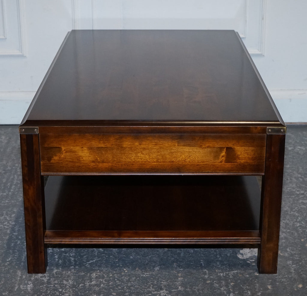 VINTAGE MILITARY CAMPAIGN MAHOGANY & BRASS COFFEE TABLE WITH TWO DRAWERS