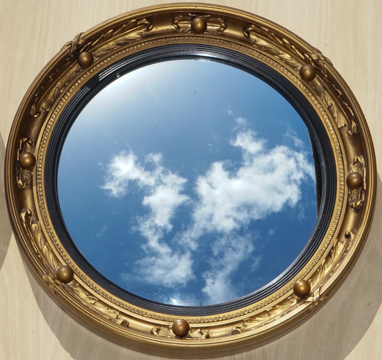 ANTIQUE PAIR OF 1930'S ATSONEA  BUTLERS CONVEX GOLD GILT WOOD WALL MIRROR
