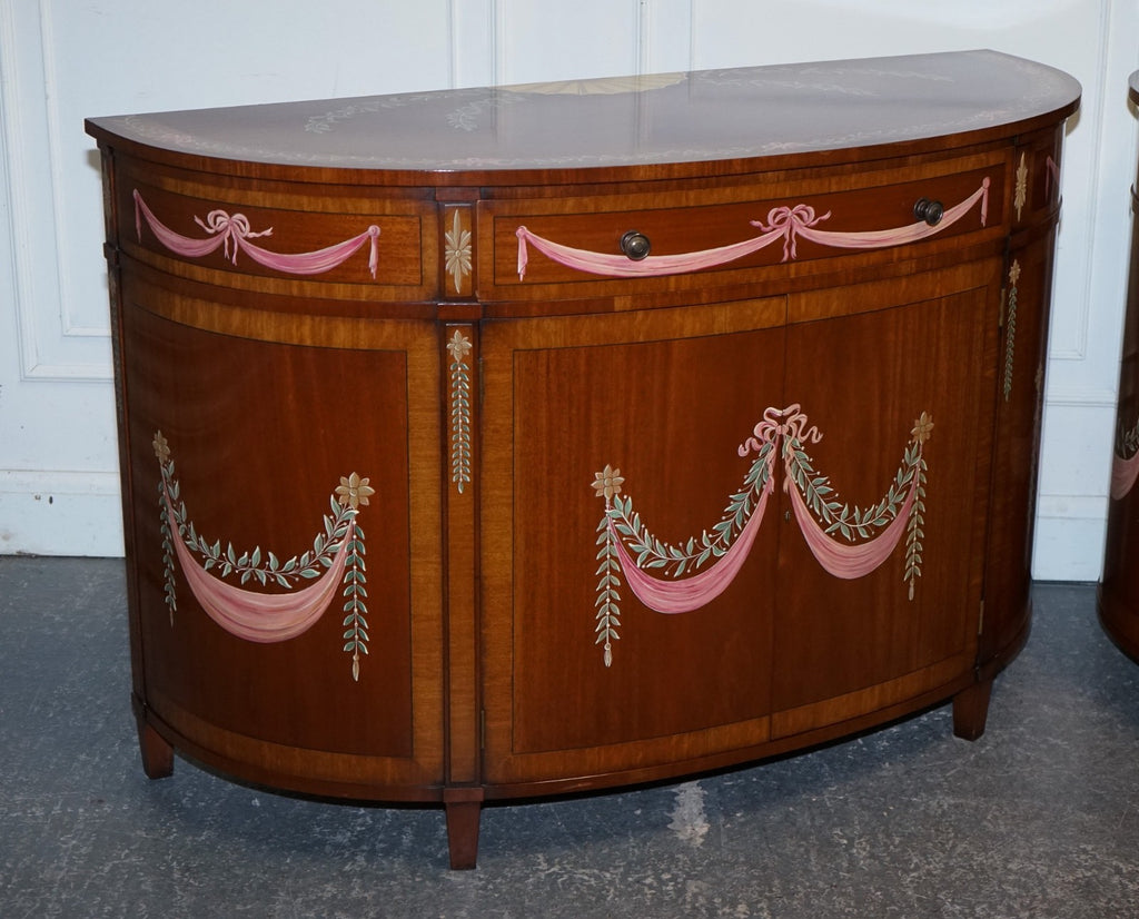 FINE SUBSTANTIAL PAIR OF HAND PAINTED DEMI LUNE SHERATON STYLE CONSOLE CABINETS