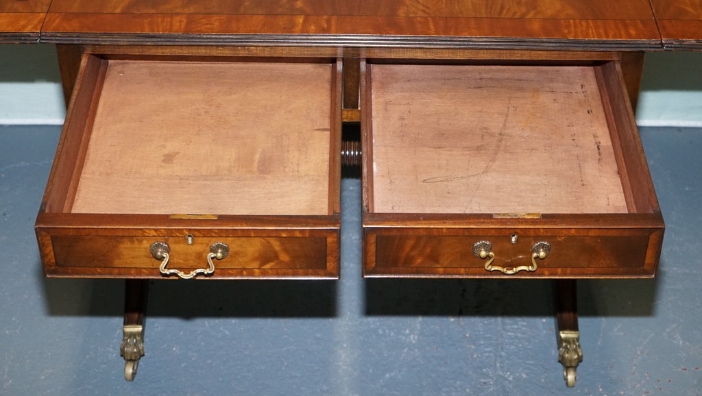 VINTAGE HARDWOOD DROP LEAF SIDE TABLE WITH SABER LEGS AND BRASS PAW FEET