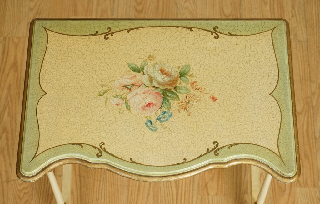 VINTAGE FRENCH HAND PAINTED FLORAL NEST OF TABLES
