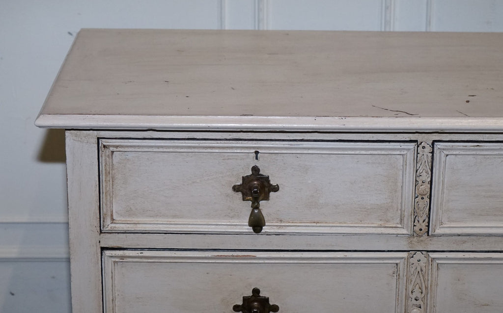 ANTIQUE VICTORIAN HAND PAINTED IVORY WHITE CHEST OF DRAWERS WITH BRASS HANDLES
