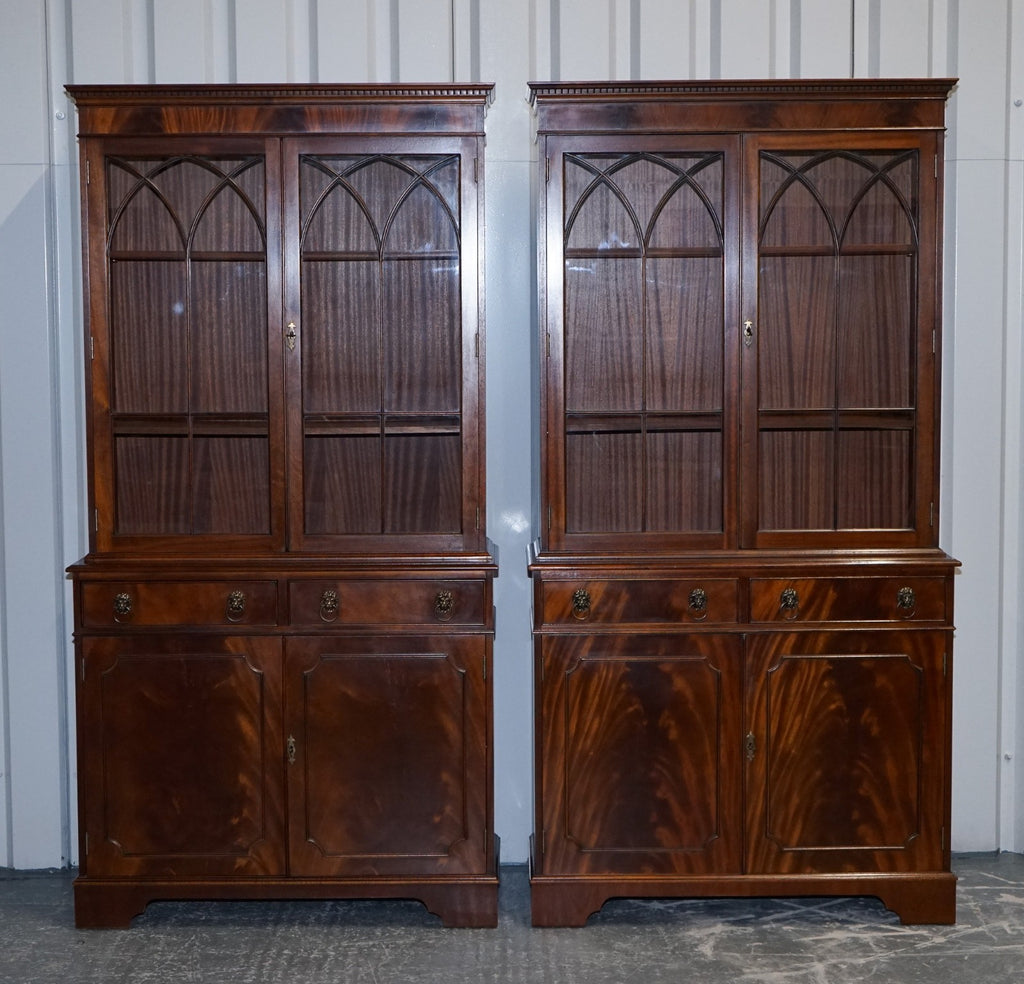 PAIR GEORGIAN STYLE DISPLAY CABINETS BOOKCASES WITH BRASS LION HANDLES