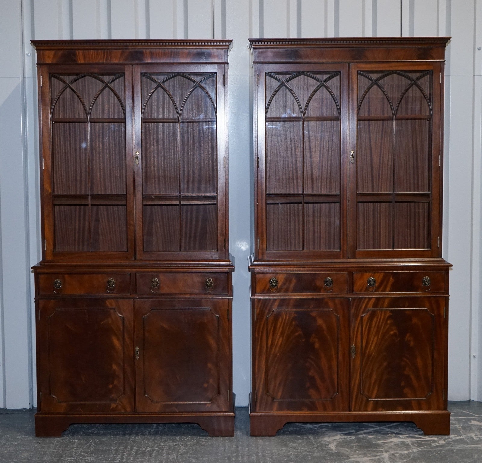 PAIR GEORGIAN STYLE DISPLAY CABINETS BOOKCASES WITH BRASS LION HANDLES