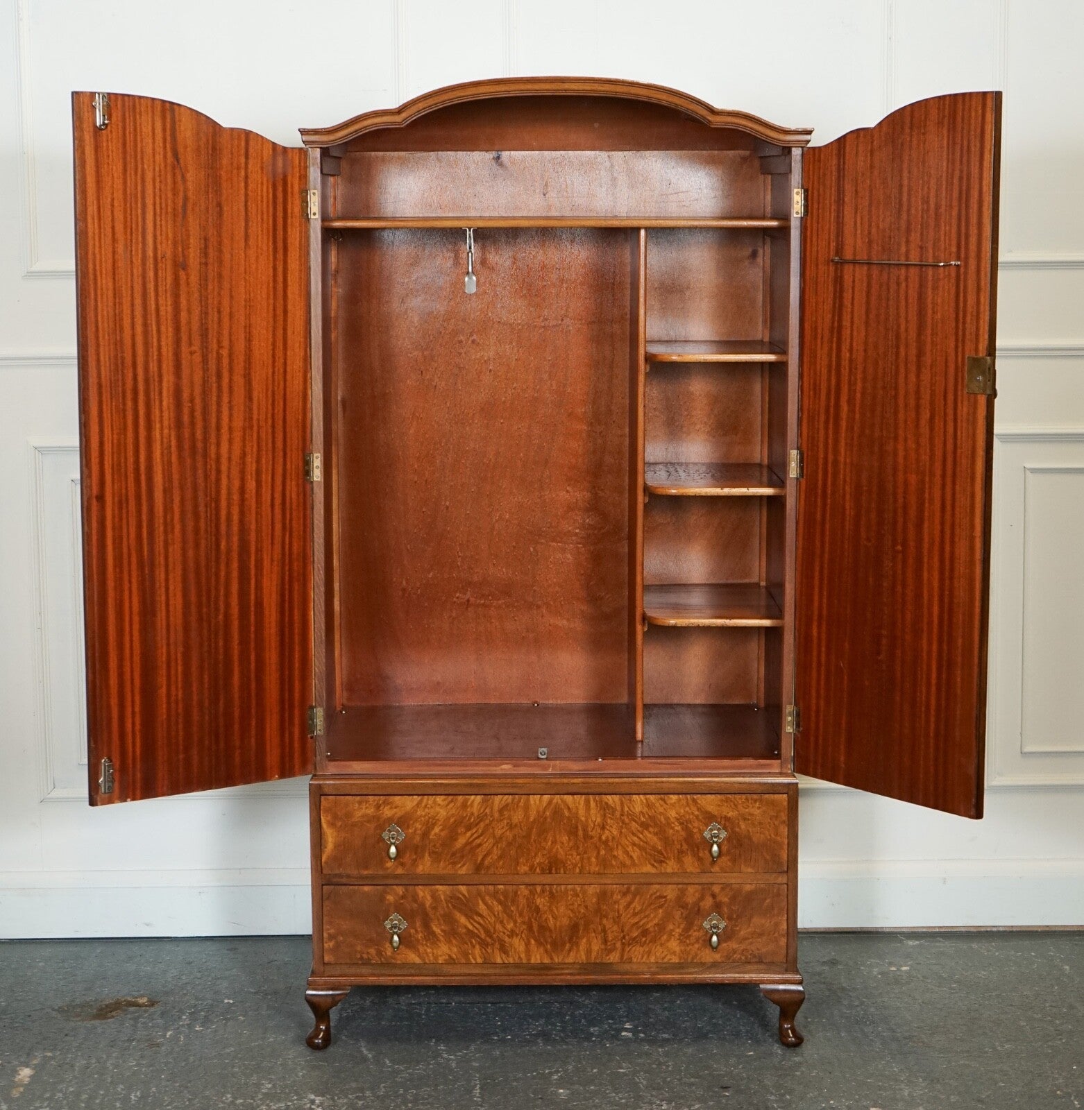 LOVELY 1920'S ART DECO BURR WALNUT WARDROBE WITH TWO DRAWERS QUEEN ANNE LEGS