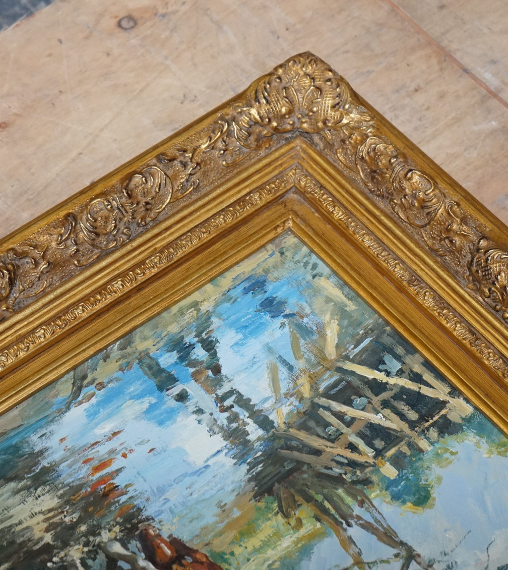 ANTIQUE OIL PAINTING HORSE RIDER CROSSING A STREAM GILTED FRAME 49 X 60 CM