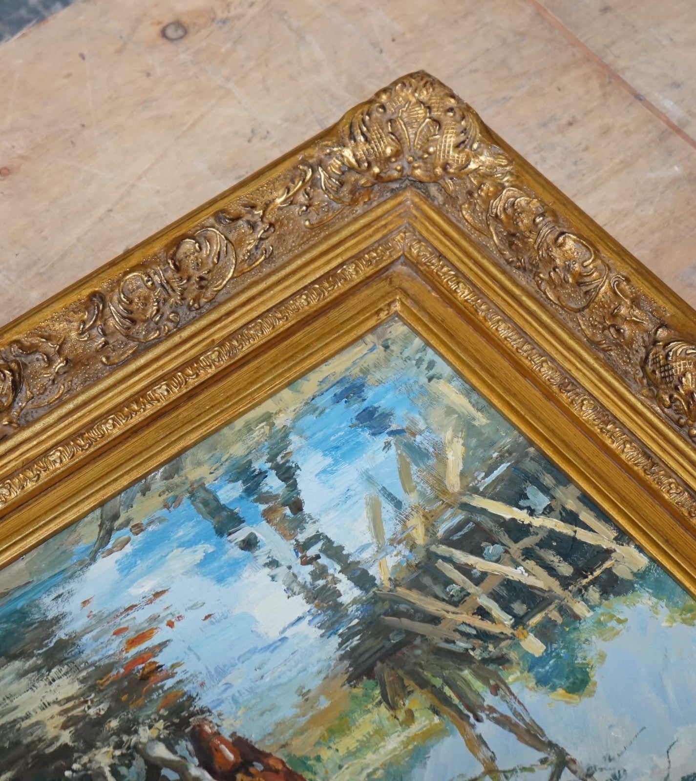 ANTIQUE OIL PAINTING HORSE RIDER CROSSING A STREAM GILTED FRAME 49 X 60 CM