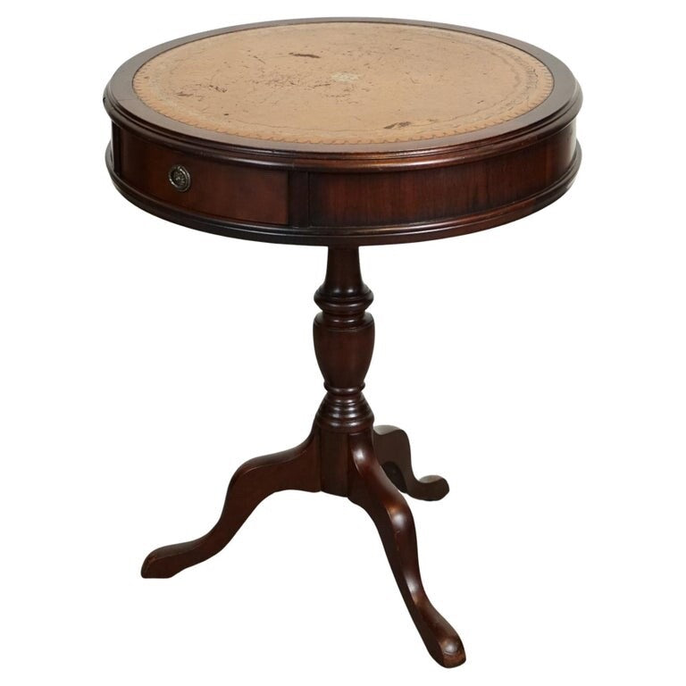 VINTAGE DRUM SIDE END TABLE LAMP WINE TABLE BROWN LEATHER TOP J1